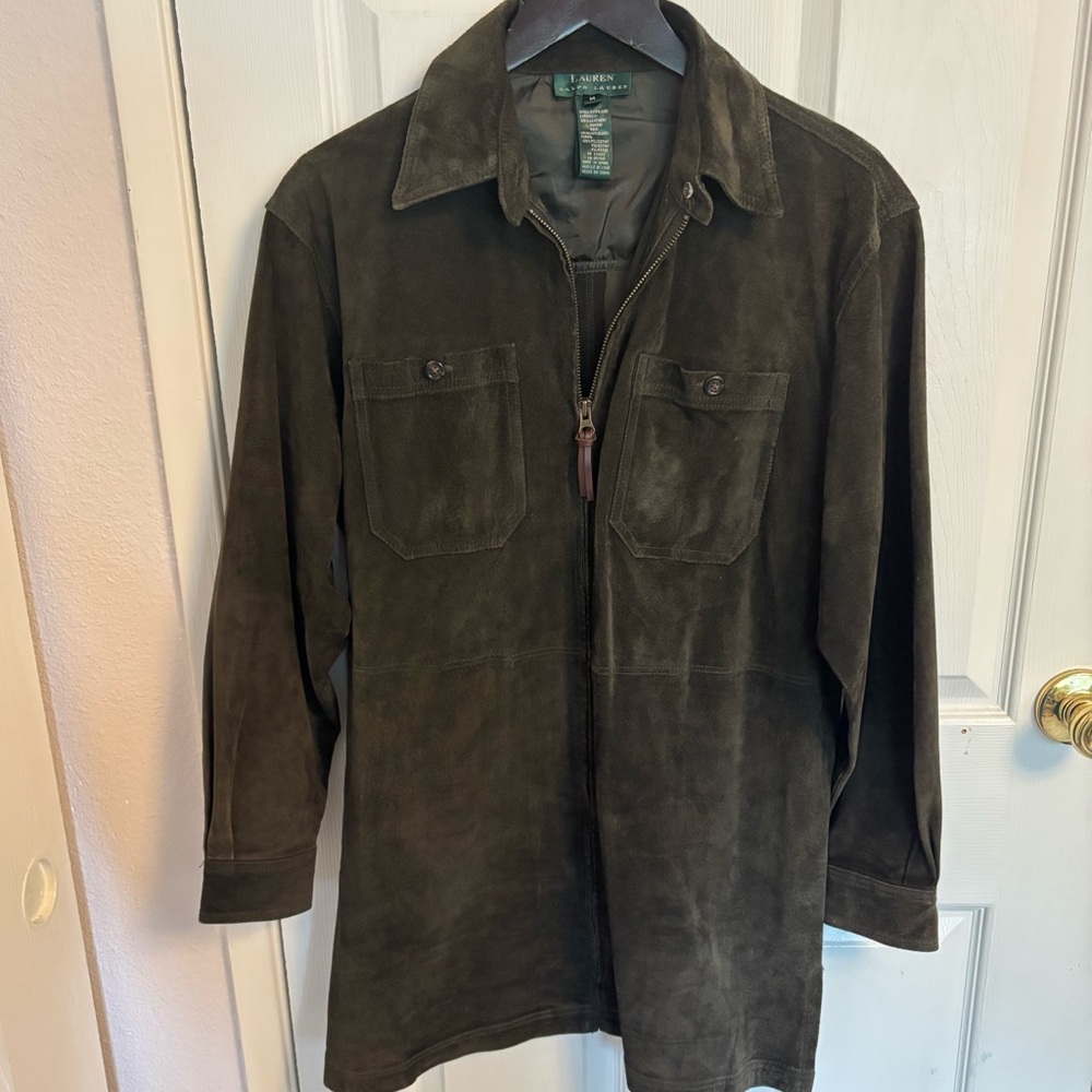 Vintage Lauren Ralph Lauren 100% Leather Olive Green Zip Jacket, Size M